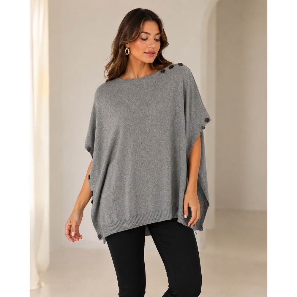 Dillard's Poncho Sweater Womens One Size Gray Knit Button Oversized Capelet Cozy